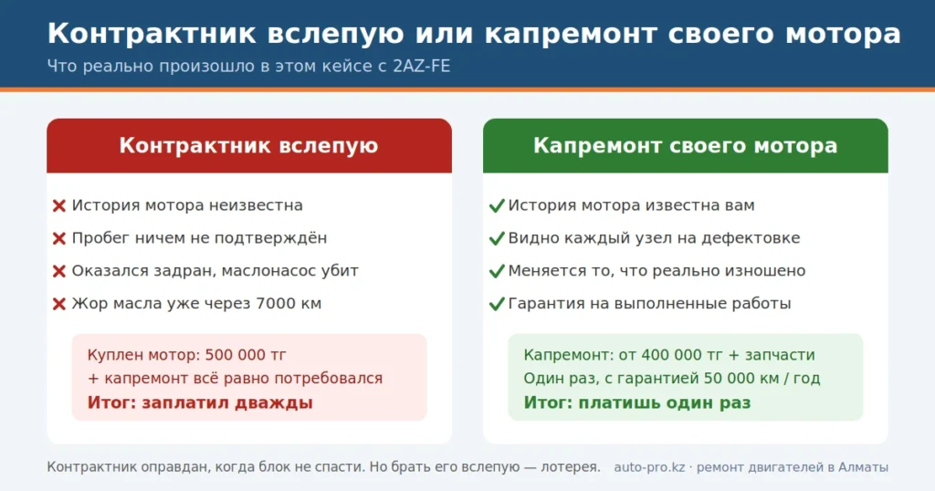 Сравнение: покупка контрактного двигателя вслепую заставила заплатить дважды, а капремонт своего мотора — один раз