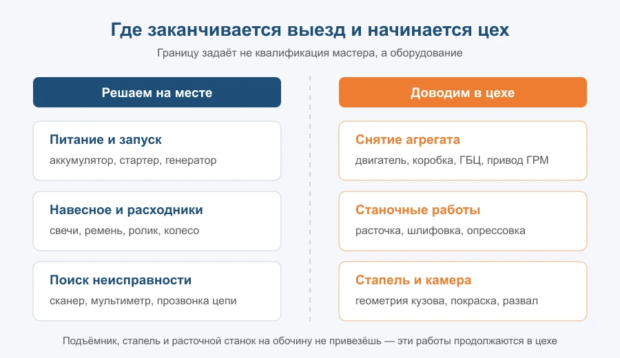 Схема: какие работы решаются на выезде, а какие требуют цеха — питание и навесное против снятия агрегата и станочных работ