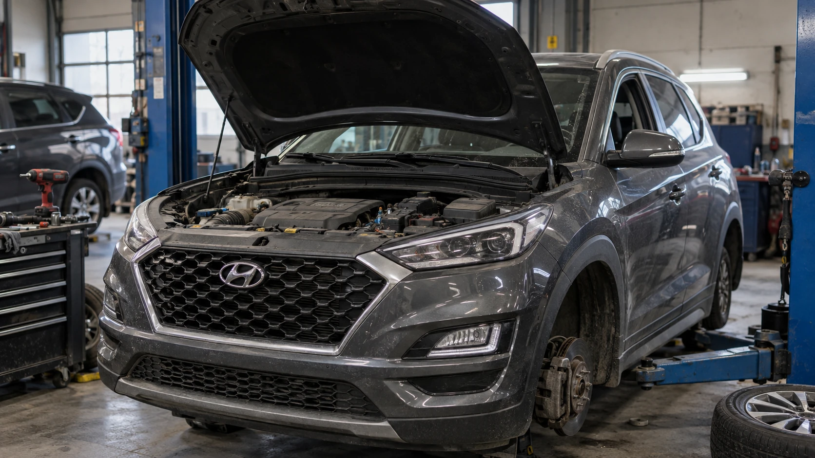 Кроссовер Hyundai на ремонте в сервисном центре в Алматы