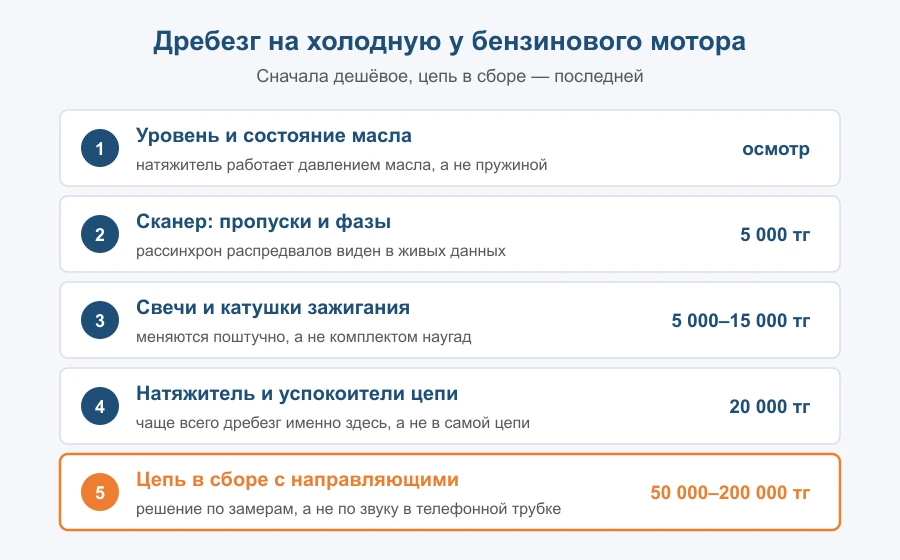 Порядок проверки дребезга на холодную у бензинового мотора: масло, сканер, свечи, натяжитель, цепь в сборе