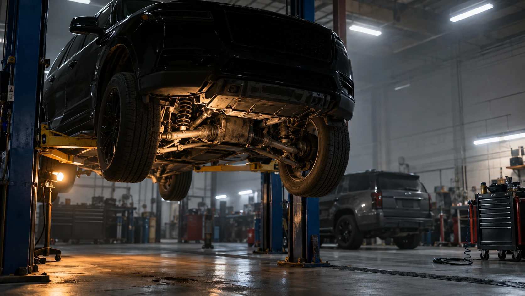 Land Rover поднят на двухстоечном подъёмнике, снизу открыт доступ к подвеске и подрамнику