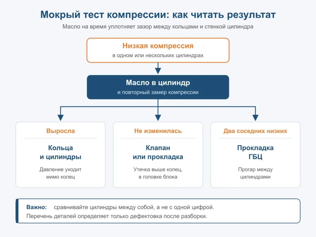 Схема: как читать мокрый тест компрессии — рост после масла указывает на кольца, без роста на клапаны или прокладку ГБЦ