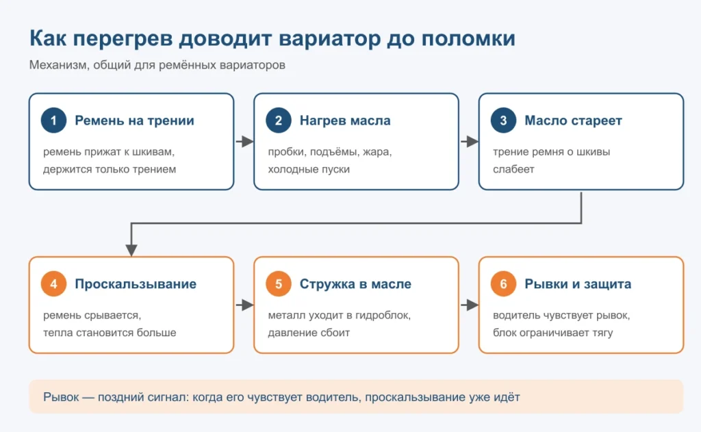 Перегрев масла ослабляет трение ремня, вариатор проскальзывает, стружка сбивает давление, и появляются рывки