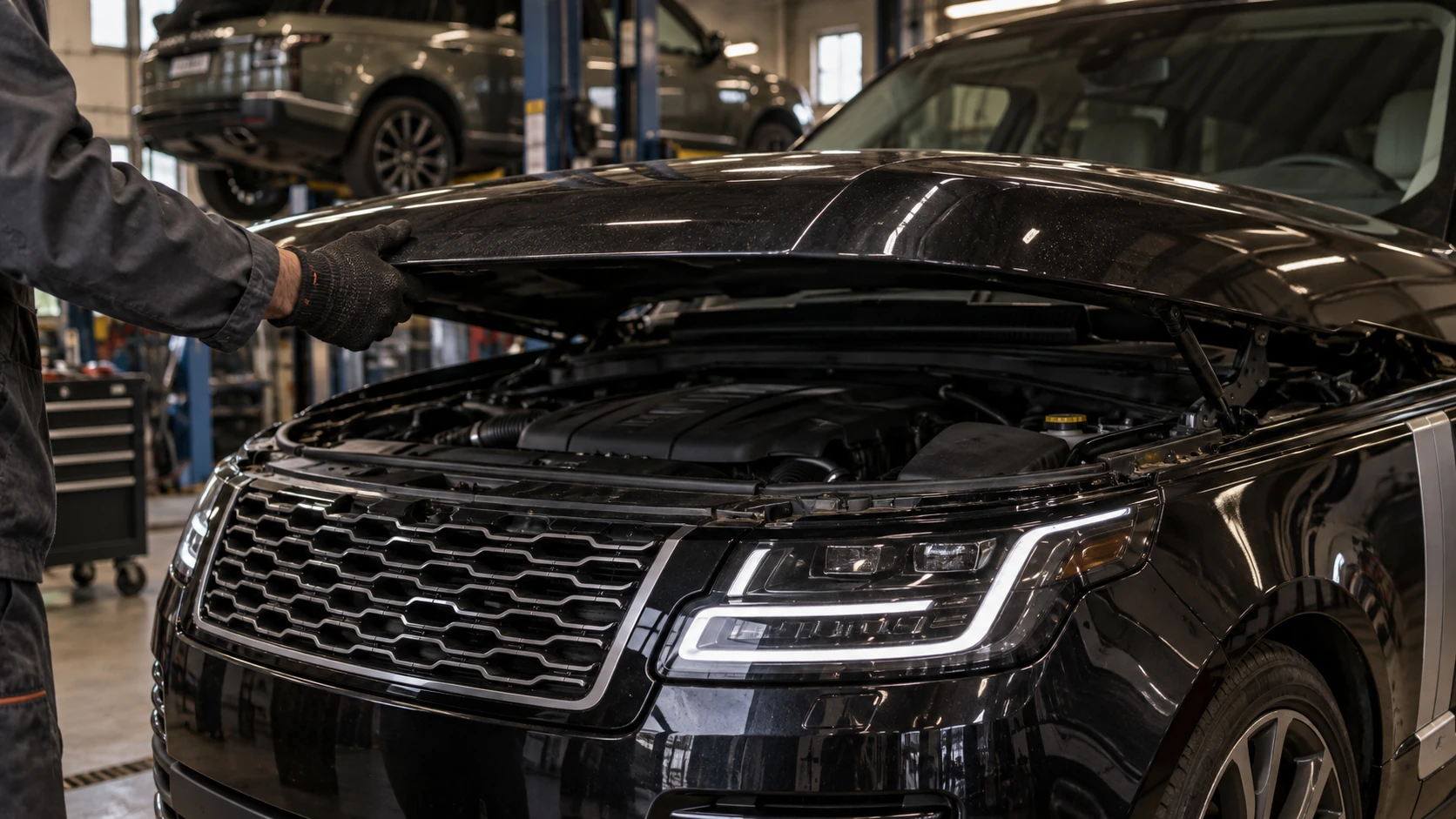 Рука мастера в перчатке приподнимает капот Range Rover на СТО Auto-Pro