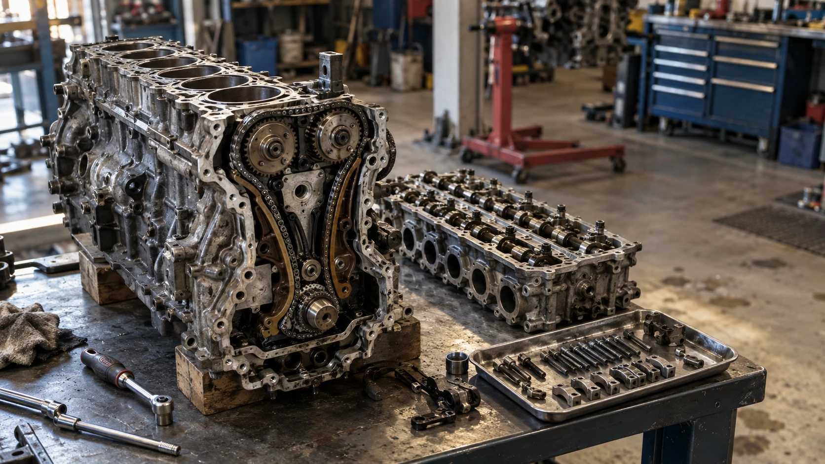 Разобранный бензиновый двигатель V6 на верстаке автосервиса со снятой крышкой привода ГРМ