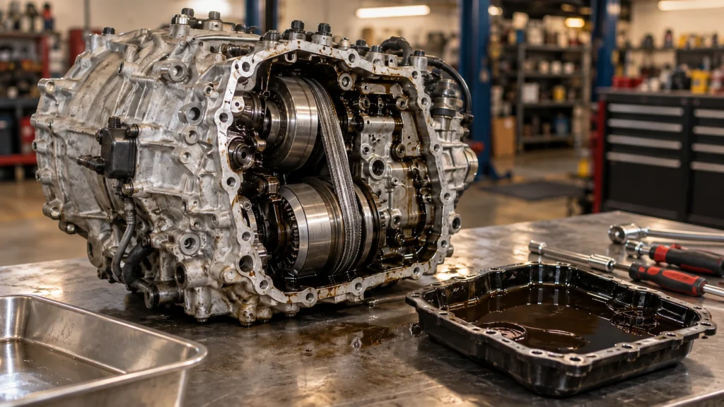 Снятая вариаторная коробка передач Nissan со снятым поддоном на металлическом верстаке мастерской