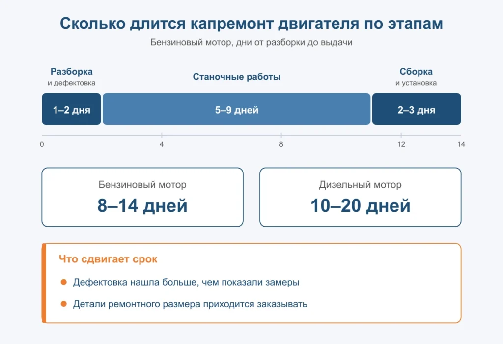 Схема: сроки капремонта двигателя по этапам — разборка, станочные работы и сборка, итог 8–14 дней
