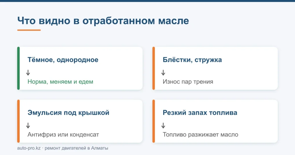 Схема из четырёх пунктов: что видно в отработанном моторном масле и о чём это говорит
