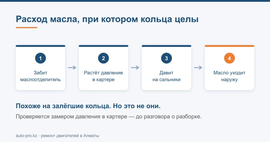 Цепочка от забитого маслоотделителя до расхода масла: давление в картере выдавливает масло через сальники