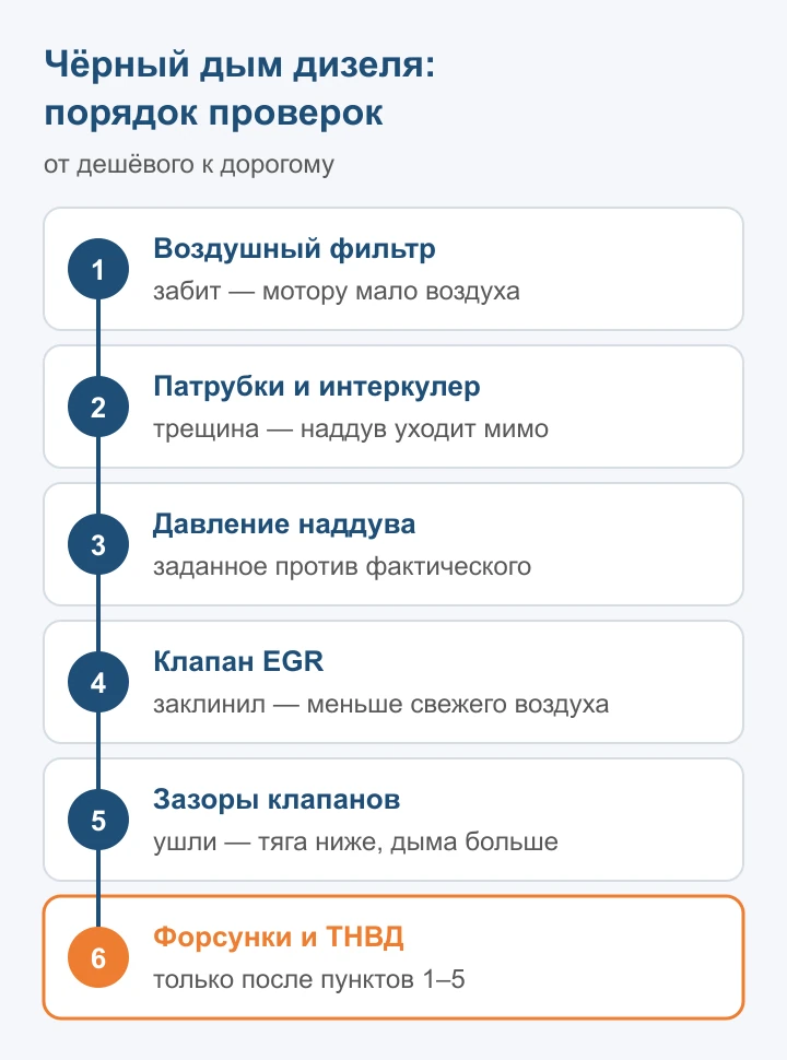 Порядок проверок при чёрном дыме дизеля, от воздушного фильтра до форсунок